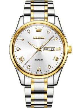 Olevs Men's Silver Gold Luxury Stainless Steel Big Analog Quartz Luminous Watch